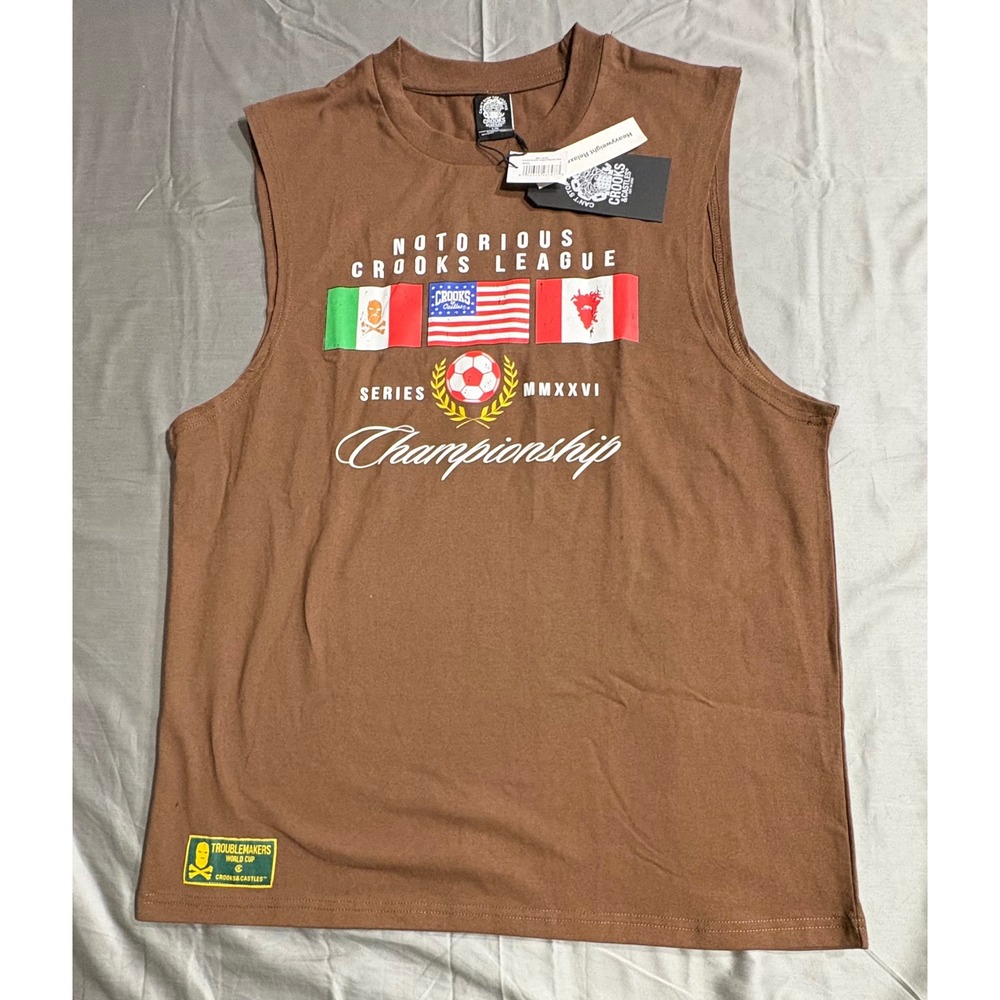 Crooks & Castles Notorious Crooks League Soccer Muscle Tee Brown Large NWT